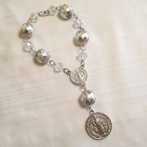 Silver Pearl Medal Prayer Beads Rosary Bracelet